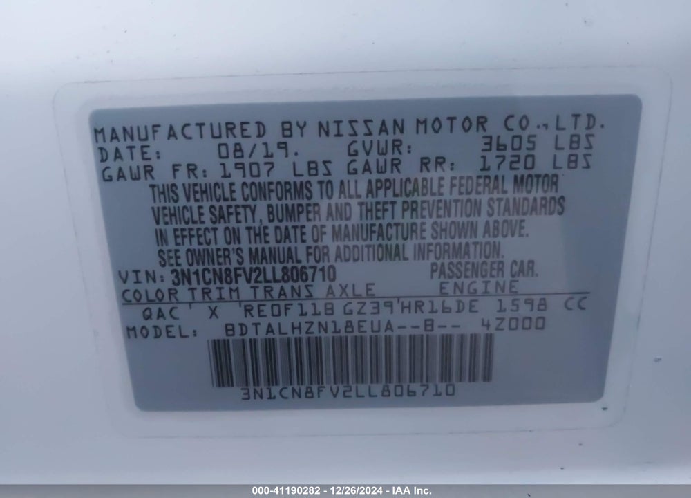2020 NISSAN VERSA VIN: 3N1CN8FV2LL806710