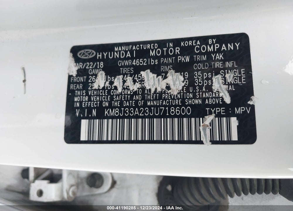 2018 HYUNDAI TUCSON LIMITED VIN: KM8J33A23JU718600