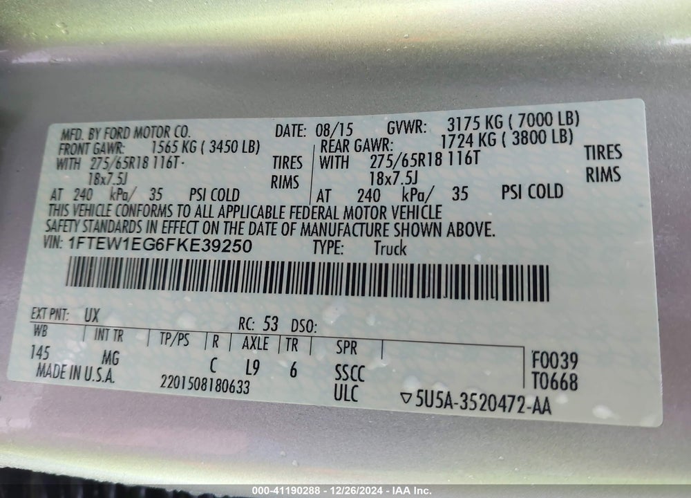 2015 FORD F-150 XLT VIN: 1FTEW1EG6FKE39250