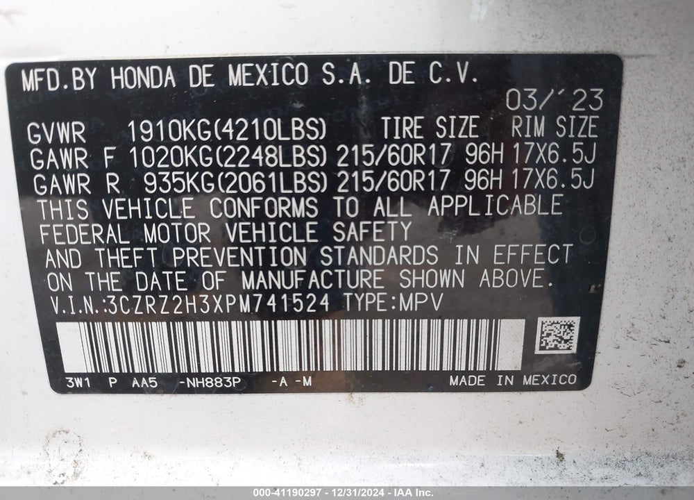 2023 HONDA HR-V AWD LX VIN: 3CZRZ2H3XPM741524