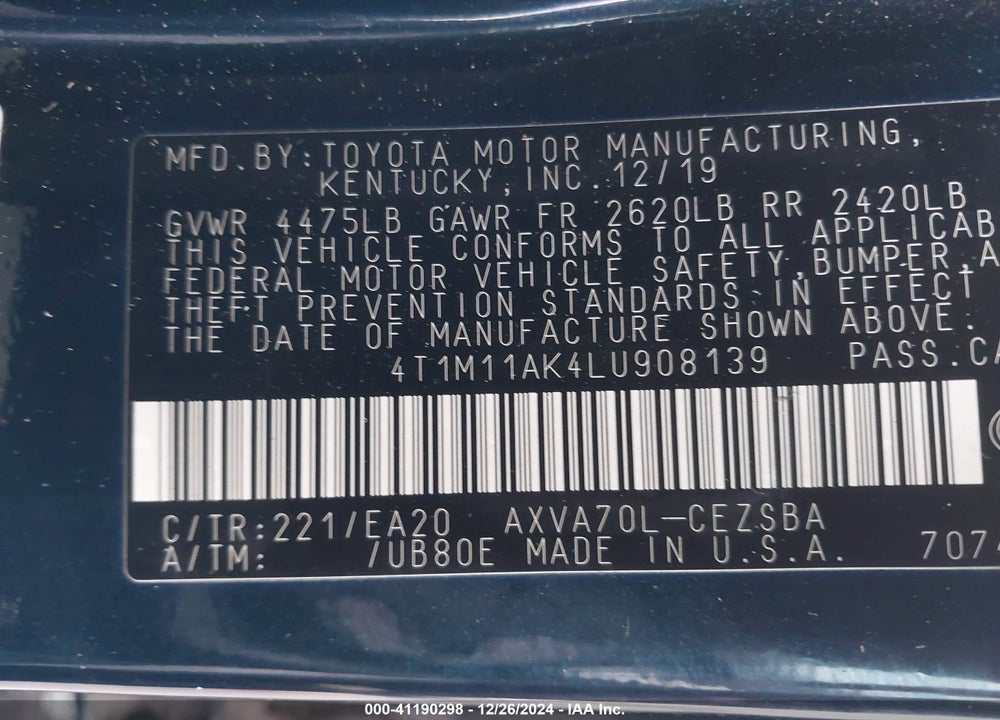 2020 TOYOTA CAMRY SE VIN: 4T1M11AK4LU908139