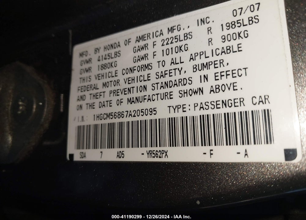 2007 HONDA ACCORD 2.4 EX VIN: 1HGCM56867A205095