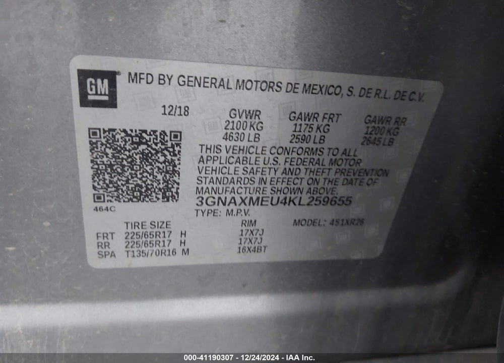 2019 CHEVROLET EQUINOX LT VIN: 3GNAXMEU4KL259655