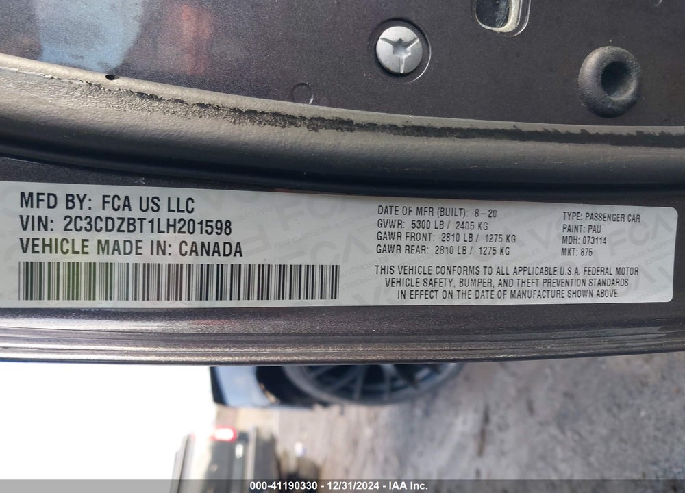 2020 DODGE CHALLENGER R/T VIN: 2C3CDZBT1LH201598