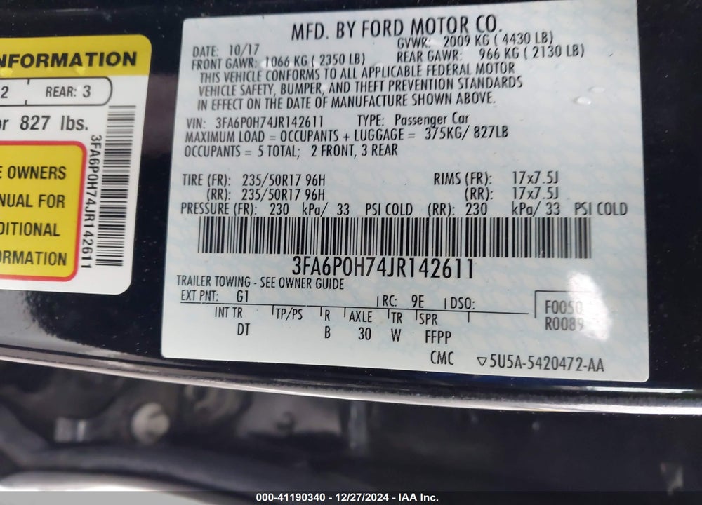 2018 FORD FUSION SE VIN: 3FA6P0H74JR142611