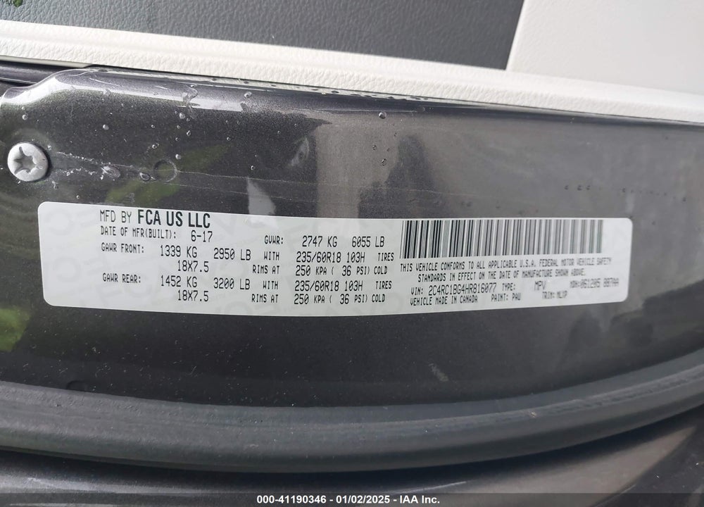2017 CHRYSLER PACIFICA TOURING L VIN: 2C4RC1BG4HR816077