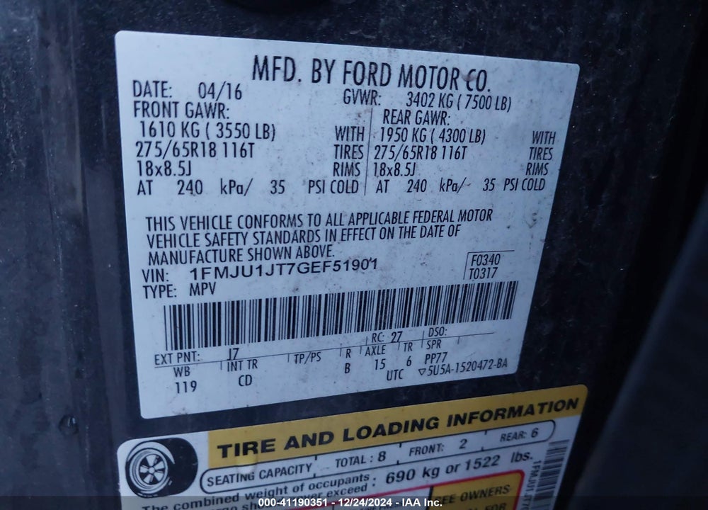 2016 FORD EXPEDITION XLT VIN: 1FMJU1JT7GEF51901