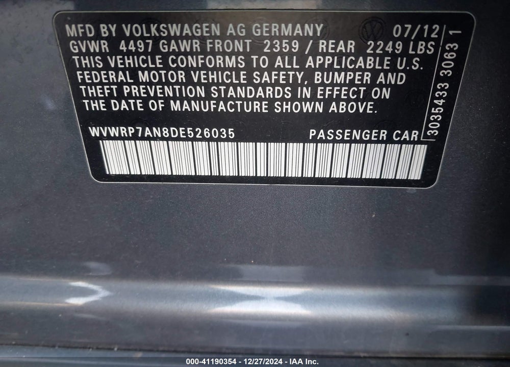 2013 VOLKSWAGEN CC 2.0T LUX VIN: WVWRP7AN8DE526035