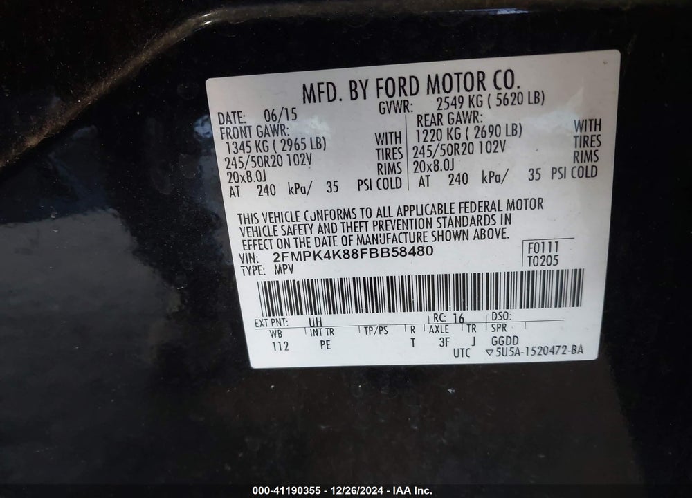 2015 FORD EDGE TITANIUM VIN: 2FMPK4K88FBB58480