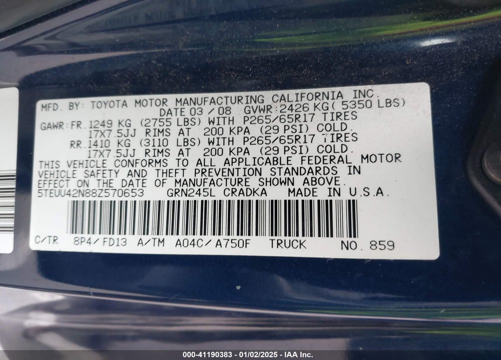 2008 TOYOTA TACOMA ACCESS CAB VIN: 5TEUU42N88Z570653