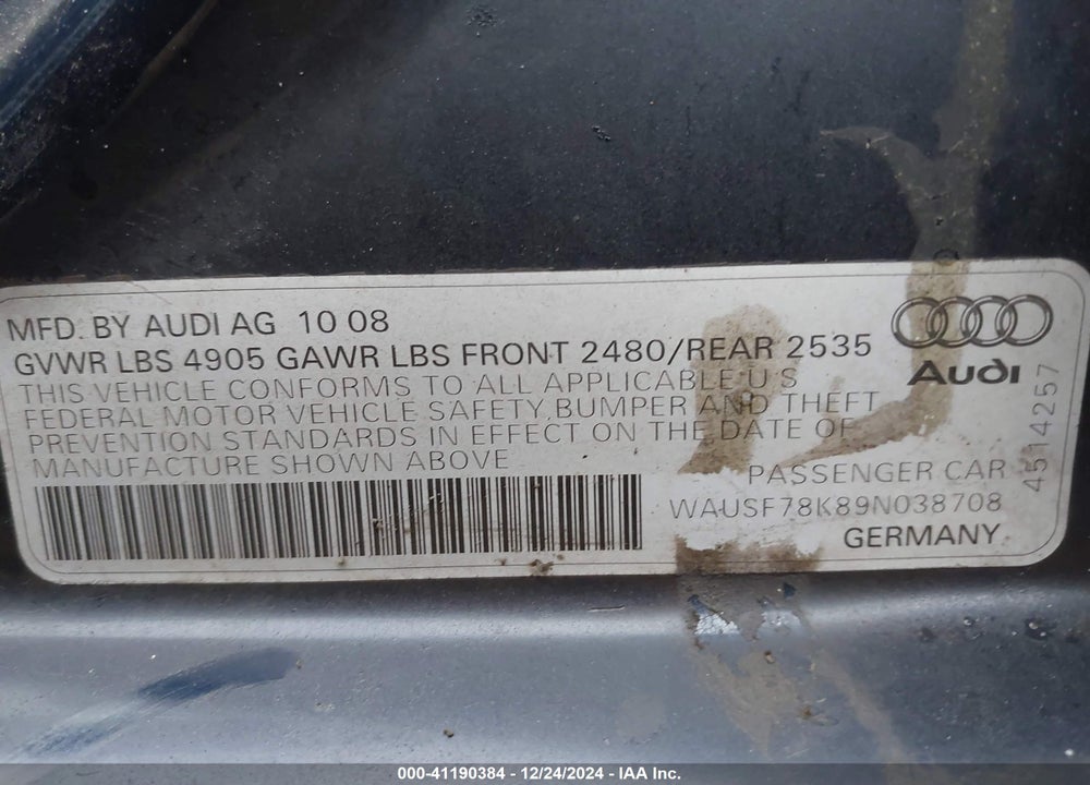 2009 AUDI A4 2.0T PREMIUM VIN: WAUSF78K89N038708