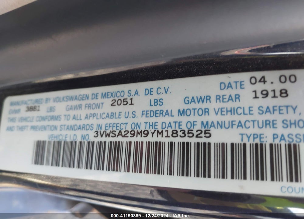 2000 VOLKSWAGEN JETTA GLS VIN: 3VWSA29M9YM183525