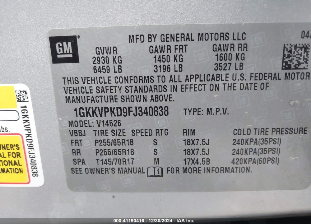 2015 GMC ACADIA SLE-2 VIN: 1GKKVPKD9FJ340838