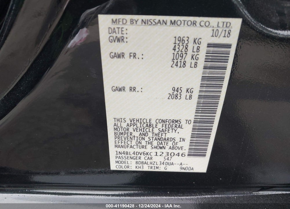 2019 NISSAN ALTIMA VIN: 1N4BL4DV6KC123046