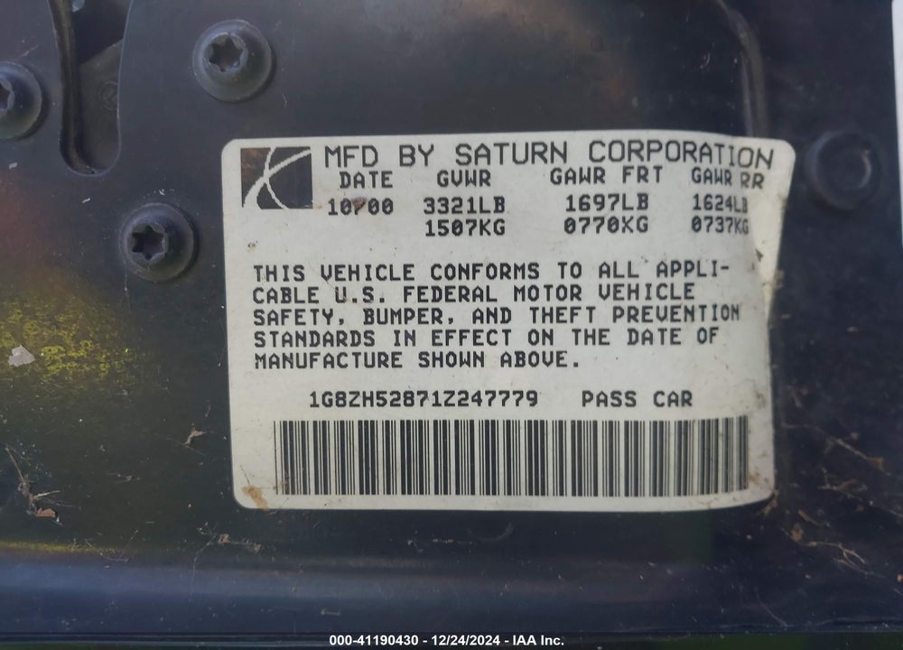 2001 SATURN SL1 VIN: 1G8ZH52871Z247779