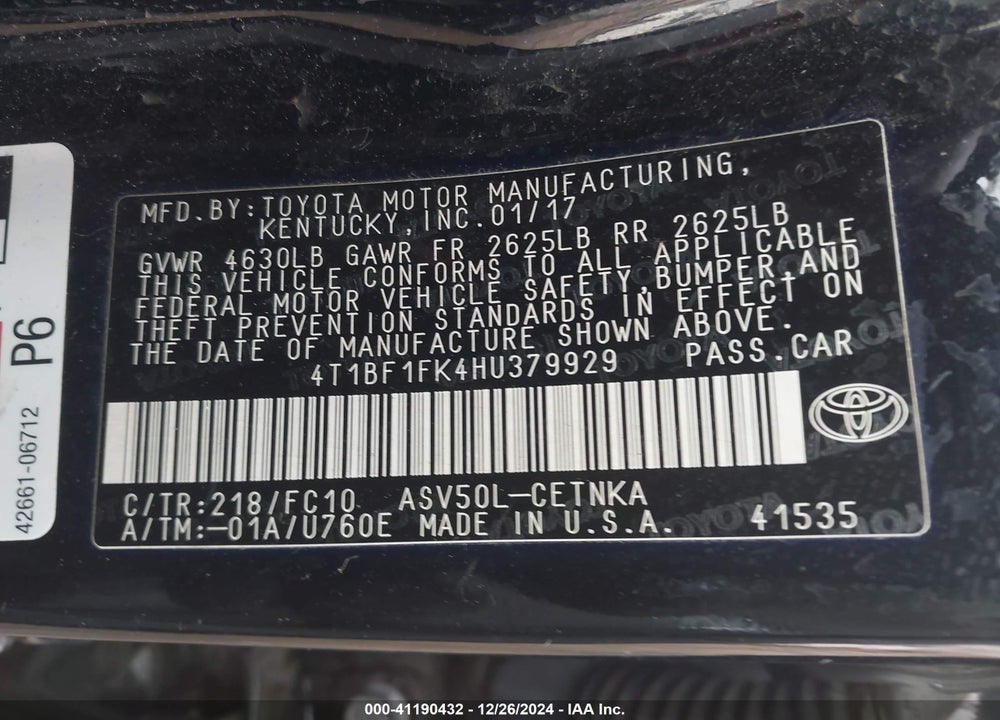 2017 TOYOTA CAMRY VIN: 4T1BF1FK4HU379929