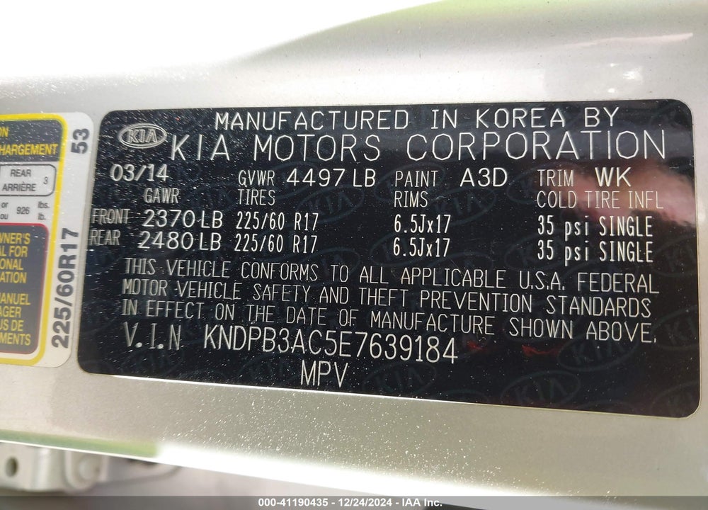 2014 KIA SPORTAGE LX VIN: KNDPB3AC5E7639184