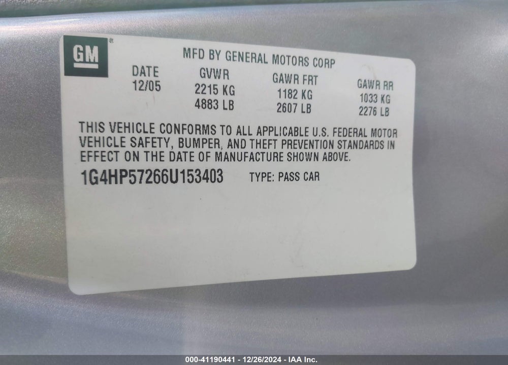 2006 BUICK LUCERNE CX VIN: 1G4HP57266U153403