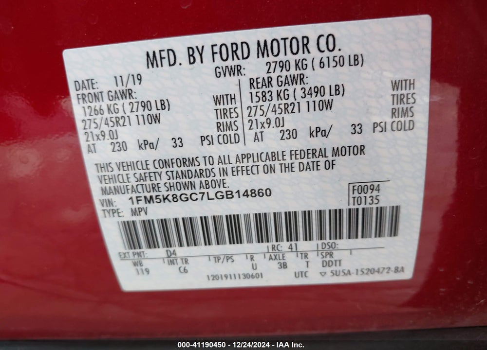 2020 FORD EXPLORER ST VIN: 1FM5K8GC7LGB14860