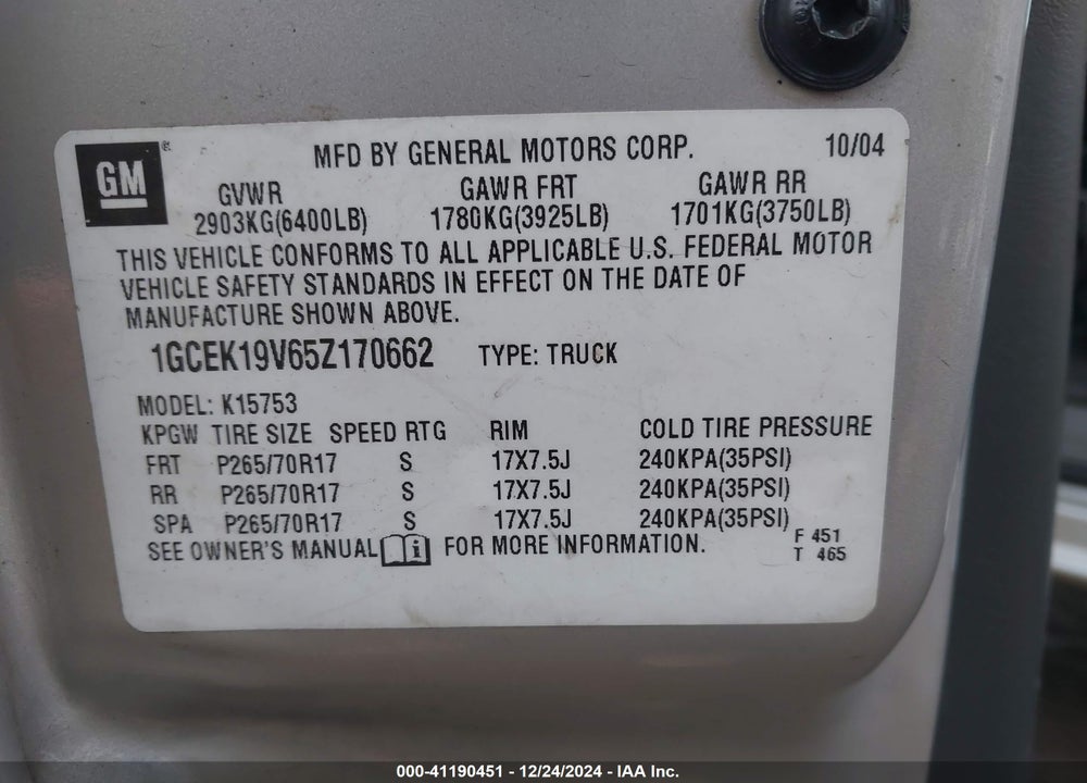 2005 CHEVROLET SILVERADO 1500 WORK TRUCK VIN: 1GCEK19V65Z170662