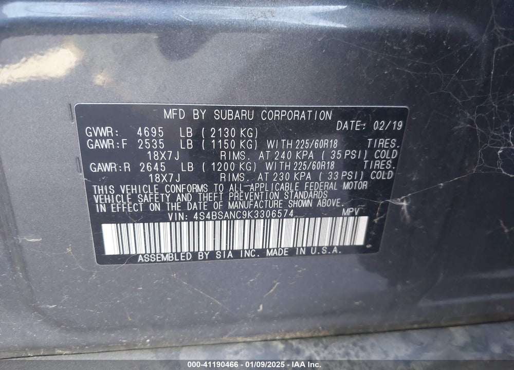 2019 SUBARU OUTBACK VIN: 4S4BSANC9K3306574
