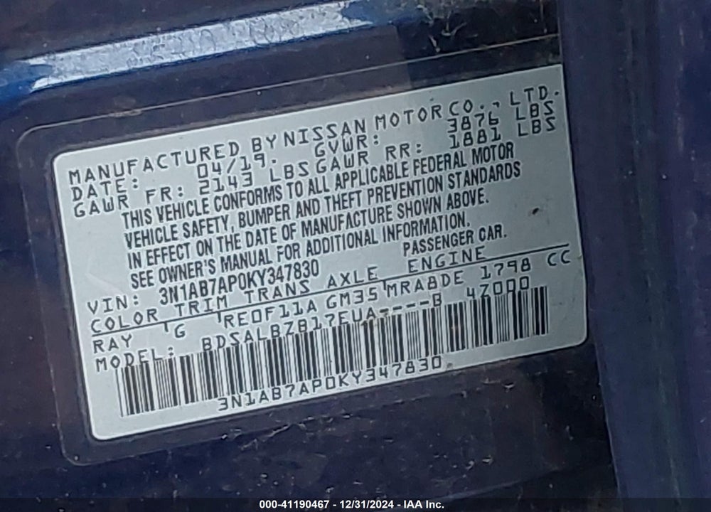 2019 NISSAN SENTRA VIN: 3N1AB7AP0KY347830