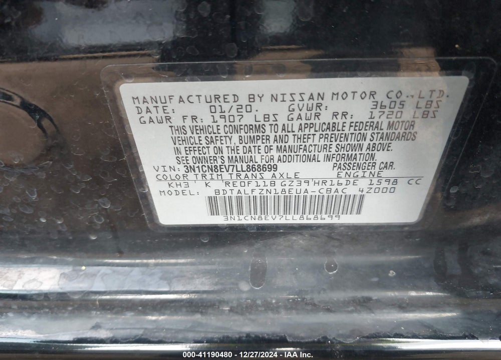 2020 NISSAN VERSA SV XTRONIC CVT VIN: 3N1CN8EV7LL868699