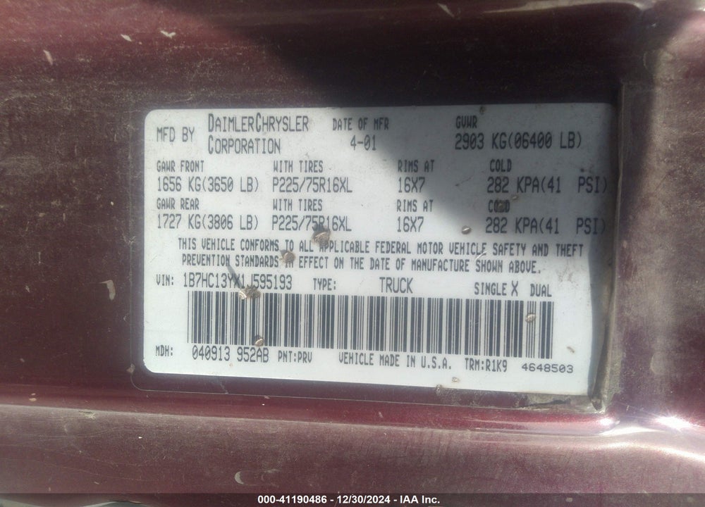2001 DODGE RAM 1500 ST VIN: 1B7HC13YX1J595193