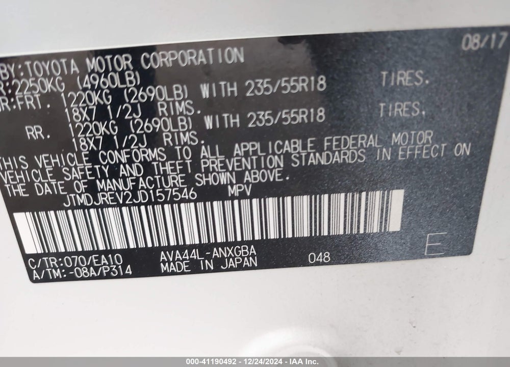 2018 TOYOTA RAV4 HV VIN: JTMDJREV2JD157546