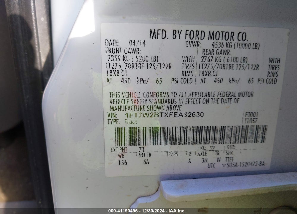 2015 FORD F-250 LARIAT VIN: 1FT7W2BTXFEA32630