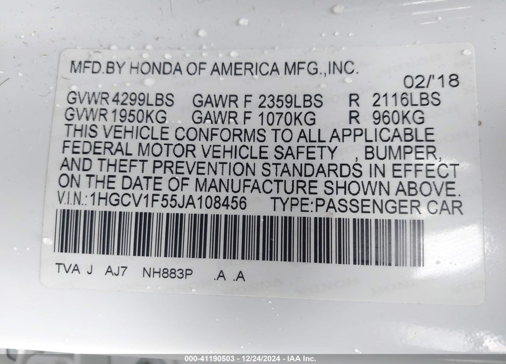 2018 HONDA ACCORD EX-L VIN: 1HGCV1F55JA108456