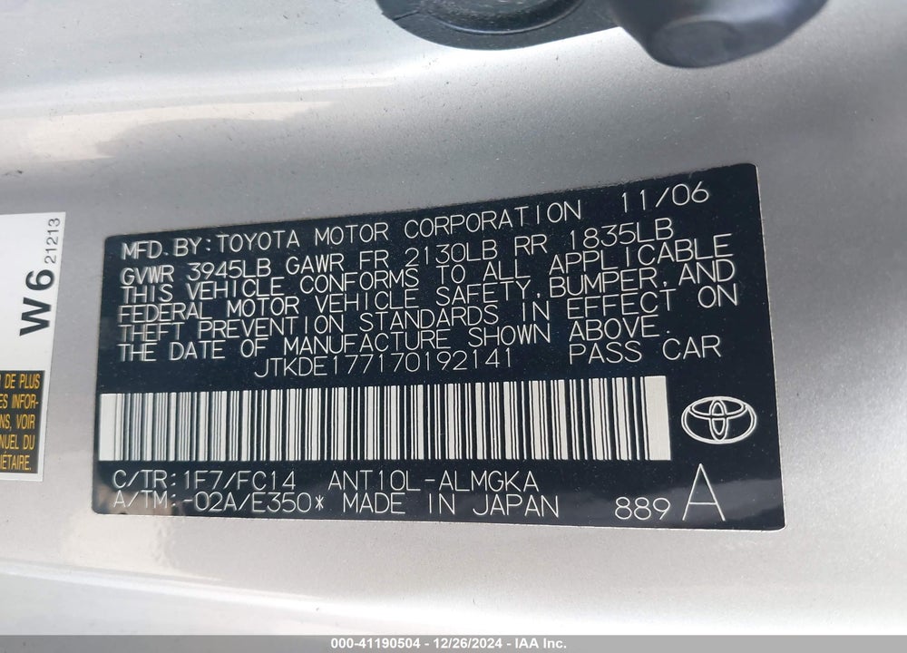 2007 SCION TC VIN: JTKDE177170192141
