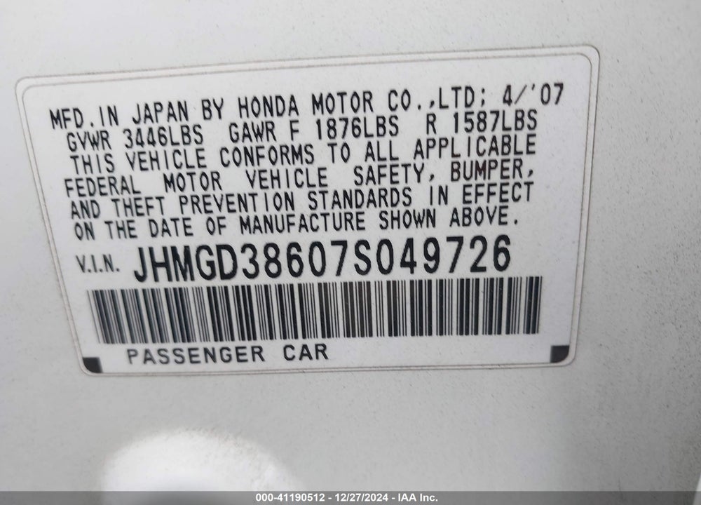 2007 HONDA FIT SPORT VIN: JHMGD38607S049726