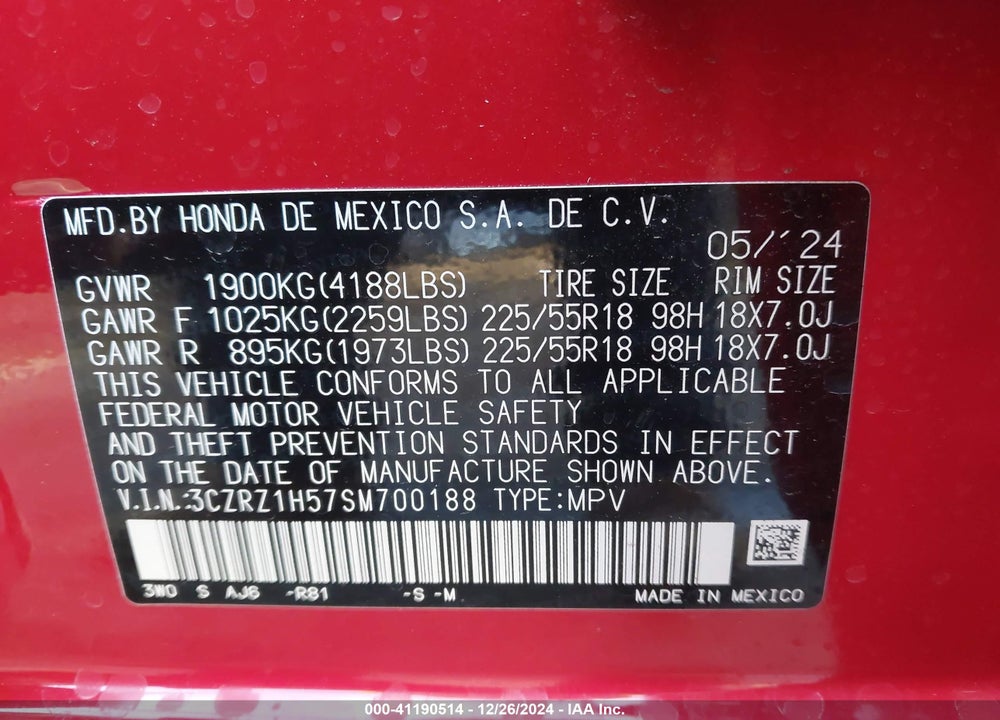 2025 HONDA HR-V 2WD SPORT VIN: 3CZRZ1H57SM700188
