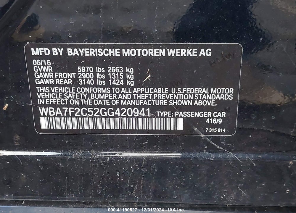 2016 BMW 750I XDRIVE VIN: WBA7F2C52GG420941
