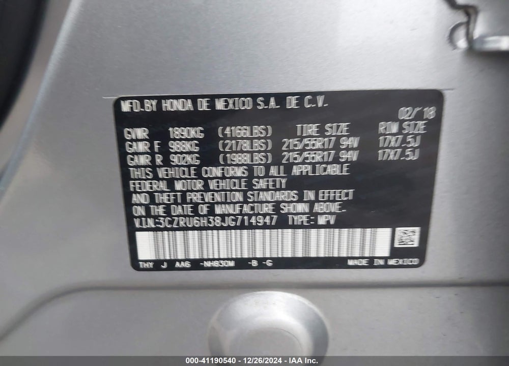2018 HONDA HR-V LX VIN: 3CZRU6H38JG714947