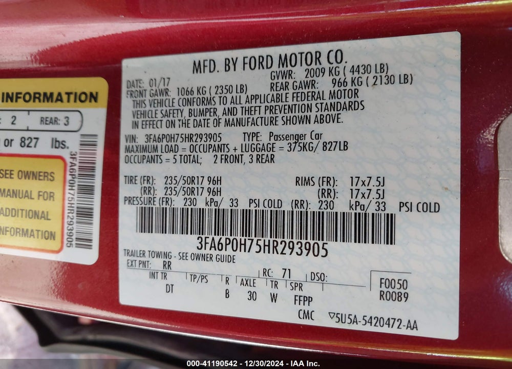 2017 FORD FUSION VIN: 3FA6P0H75HR293905