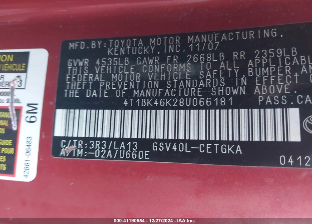 2008 TOYOTA CAMRY VIN: 4T1BK46K28U066181