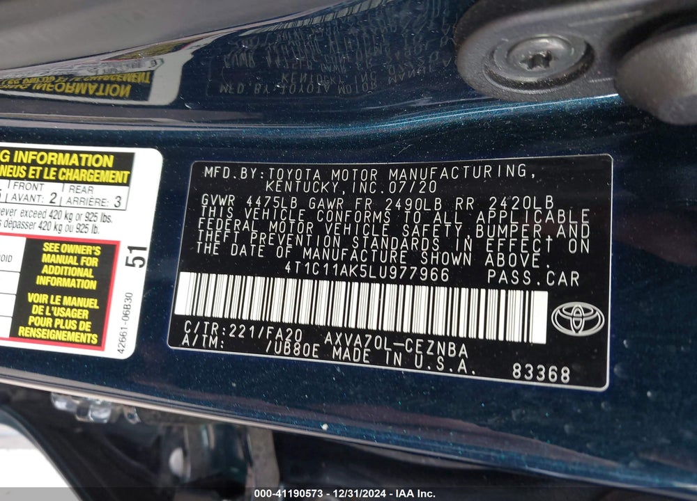 2020 TOYOTA CAMRY VIN: 4T1C11AK5LU977966