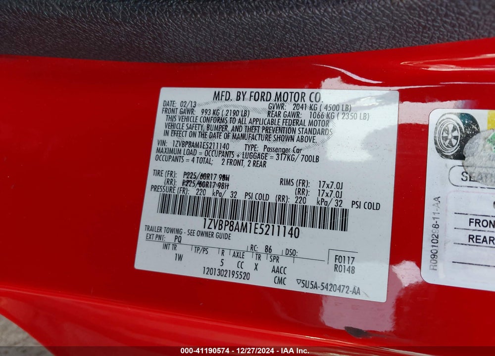 2014 FORD MUSTANG V6 VIN: 1ZVBP8AM1E5211140