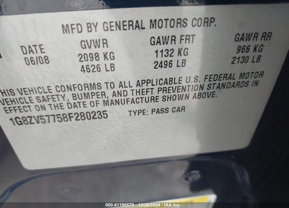2008 SATURN AURA VIN: 1G8ZV57758F280235