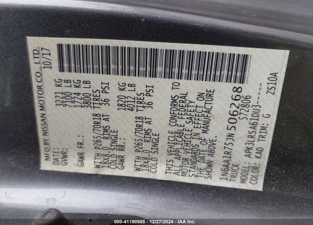 2018 NISSAN TITAN VIN: 1N6AA1R75JN506268