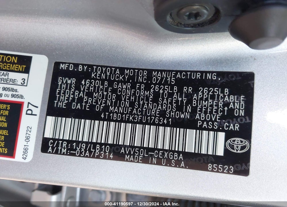 2015 TOYOTA CAMRY HYBRID VIN: 4T1BD1FK3FU176341