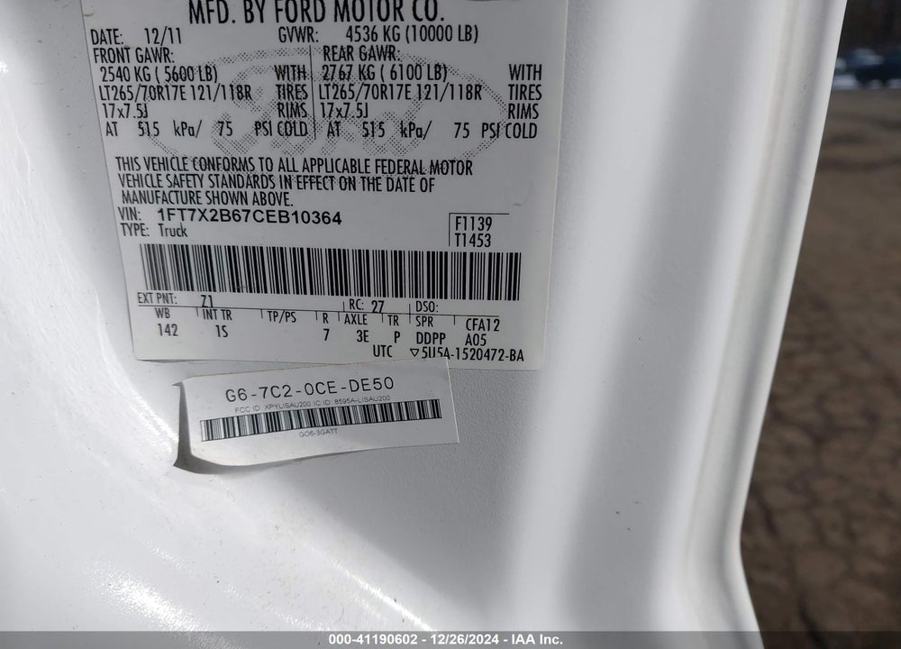 2012 FORD F-250 XL VIN: 1FT7X2B67CEB10364