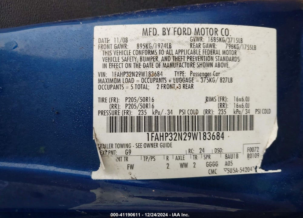 2009 FORD FOCUS SE VIN: 1FAHP32N29W183684
