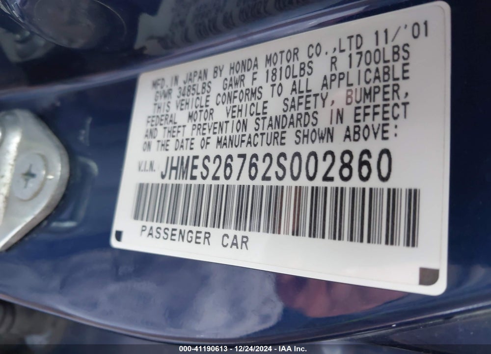 2002 HONDA CIVIC EX VIN: JHMES26762S002860