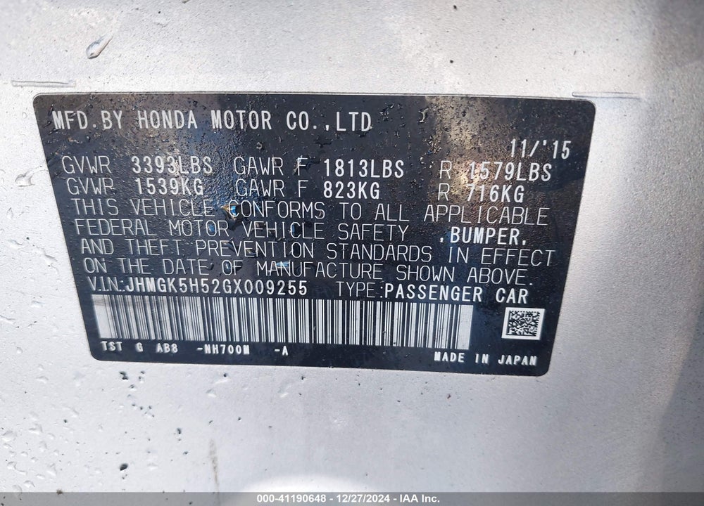 2016 HONDA FIT VIN: JHMGK5H52GX009255