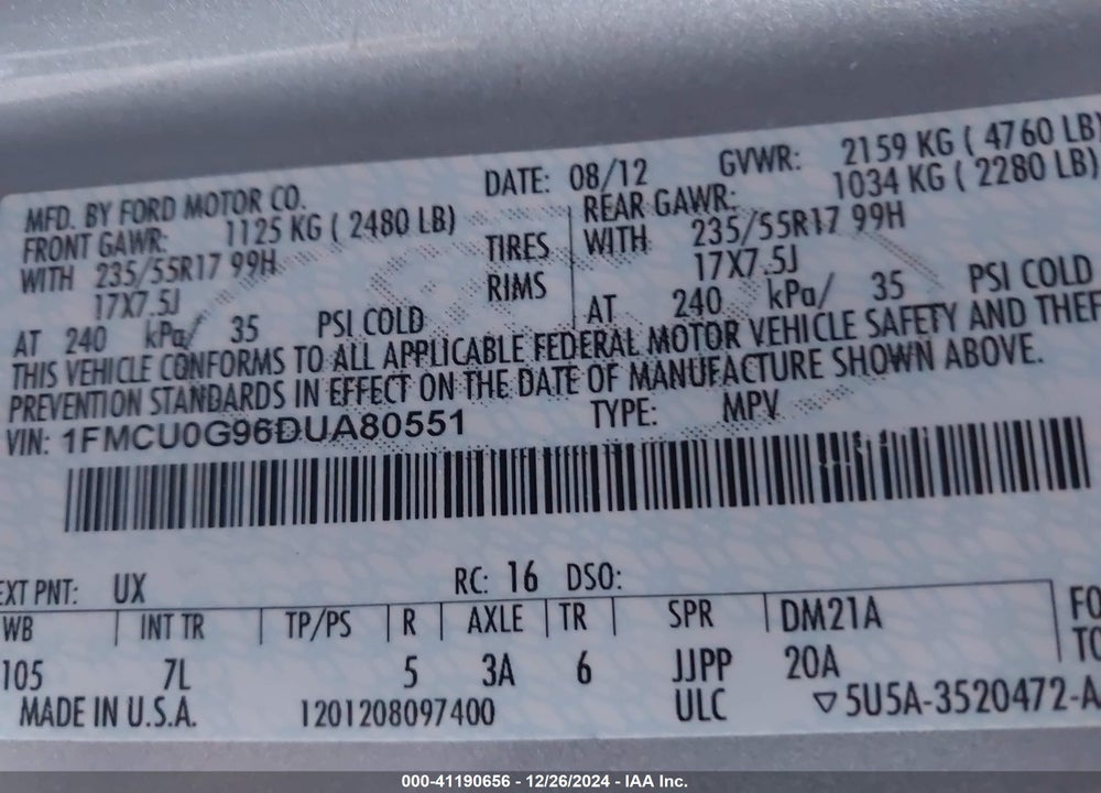 2013 FORD ESCAPE SE VIN: 1FMCU0G96DUA80551