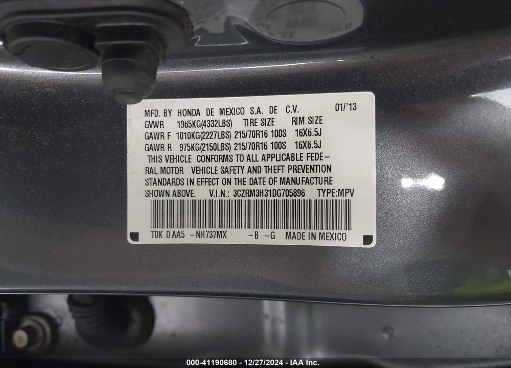 2013 HONDA CR-V LX VIN: 3CZRM3H31DG705896