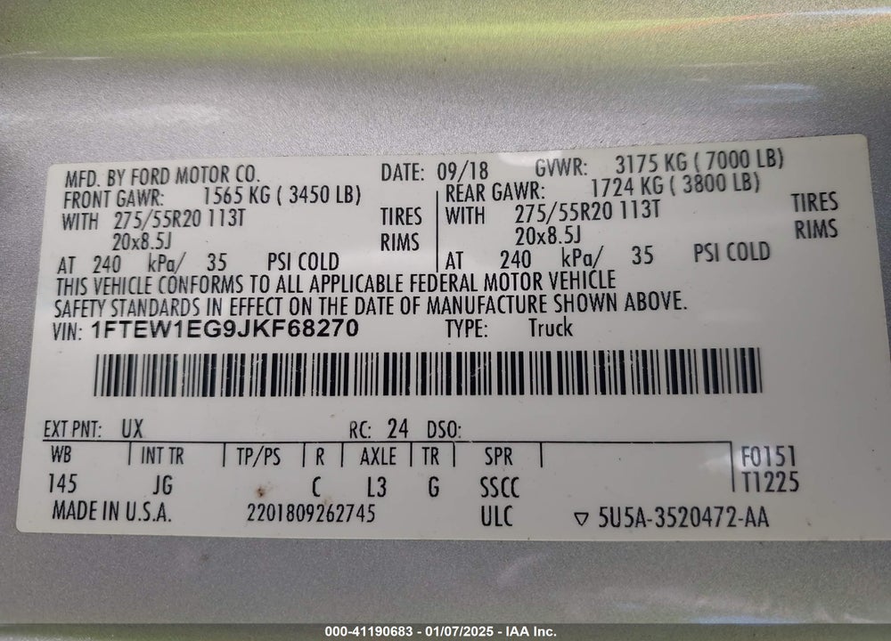 2018 FORD F-150 XL VIN: 1FTEW1EG9JKF68270